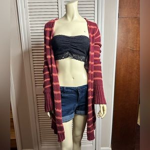 Free People Striped Knitted Burgundy and Pink Duster Cover Up